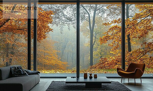 Minimalistisches Wohnzimmer  Glasfenster mit Blick auf einen nebligen Herbsttag draußen AI generiert  KI generiert