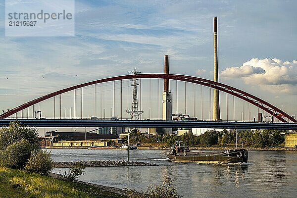 The Bridge of Solidarity  the longest tied-arch bridge in Germany  over the Rhine from Duisburg-Hochfeld to DU-Rheinhausen  the road bridge is dilapidated and has to be rebuilt  many thousands of lorries from the Logport port and cars use the bridge every day  new construction by 2040  Duisburg  North Rhine-Westphalia  Germany  Europe