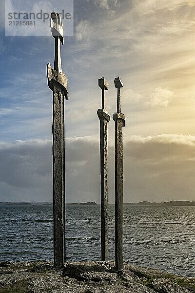 Hafrsfjord  Norway  May 2014: Swords in rock monument in Hafrsfjord  Norway  neighborhood of Madla  a borough city of Stavanger  created by Fritz Roed  Europe