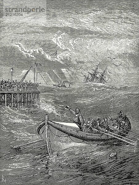 The lifeboat 'Quiver'  rescuing shipwrecked people  Margate Lifeboat Station  19th Century  Kent  England  United Kingdom  Europe