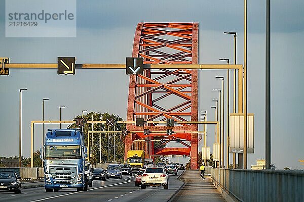 The Bridge of Solidarity  the longest tied-arch bridge in Germany  over the Rhine from Duisburg-Hochfeld to DU-Rheinhausen  the road bridge is dilapidated and has to be rebuilt  many thousands of lorries from the Logport port and cars use the bridge every day  new construction by 2040  Duisburg  North Rhine-Westphalia  Germany  Europe