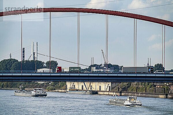 The Bridge of Solidarity  the longest tied-arch bridge in Germany  over the Rhine from Duisburg-Hochfeld to DU-Rheinhausen  the road bridge is dilapidated and has to be rebuilt  many thousands of lorries from the Logport port and cars use the bridge every day  new construction by 2040  Duisburg  North Rhine-Westphalia  Germany  Europe