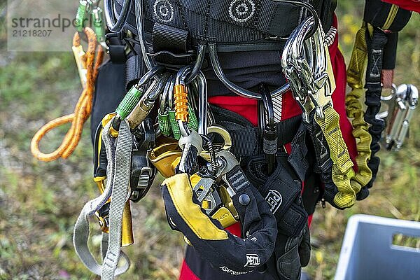 Equipment of the height rescuers of the Gelsenkirchen fire brigade  practising abseiling from a wind turbine from a height of 110 metres after rescuing an accident victim from the nacelle  Gladbeck  North Rhine-Westphalia  Germany  Europe