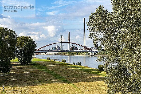 The Bridge of Solidarity  the longest tied-arch bridge in Germany  over the Rhine from Duisburg-Hochfeld to DU-Rheinhausen  the road bridge is dilapidated and has to be rebuilt  many thousands of lorries from the Logport port and cars use the bridge every day  new construction by 2040  Duisburg  North Rhine-Westphalia  Germany  Europe