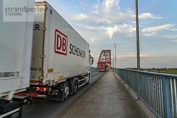 The Bridge of Solidarity  the longest tied-arch bridge in Germany  over the Rhine from Duisburg-Hochfeld to DU-Rheinhausen  the road bridge is dilapidated and has to be rebuilt  many thousands of lorries from the Logport port and cars use the bridge every day  new construction by 2040  Duisburg  North Rhine-Westphalia  Germany  Europe