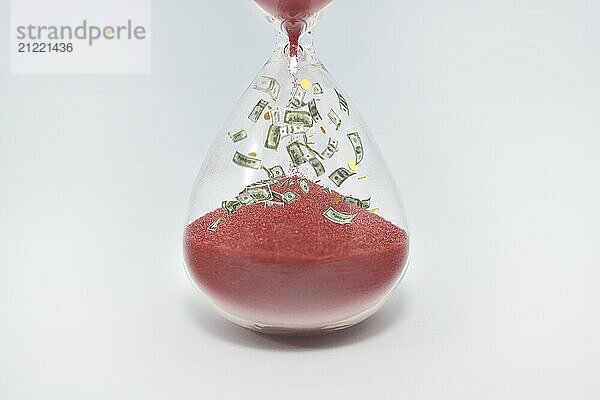 Hourglasses and coin isolated on white background. Time as money concept. money inside sandclock