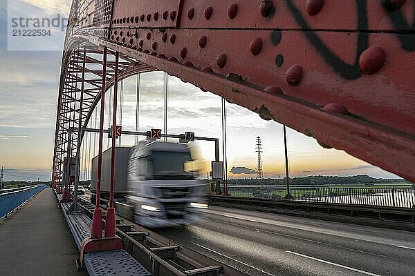 The Bridge of Solidarity  the longest tied-arch bridge in Germany  over the Rhine from Duisburg-Hochfeld to DU-Rheinhausen  the road bridge is dilapidated and has to be rebuilt  many thousands of lorries from the Logport port and cars use the bridge every day  new construction by 2040  Duisburg  North Rhine-Westphalia  Germany  Europe