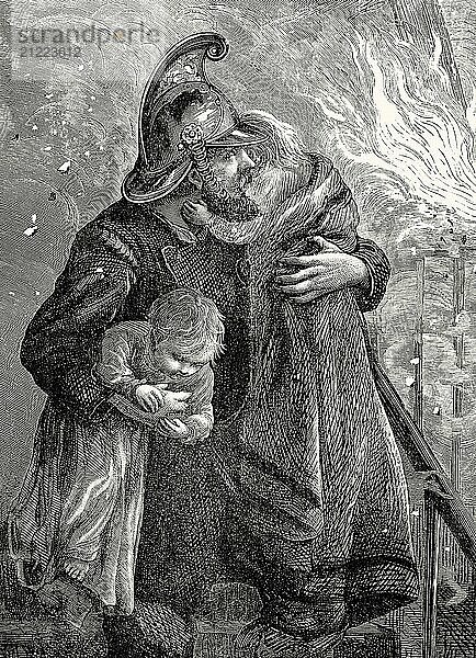 A firefighter is rescuing two children  Hatton Garden  City of London  1844