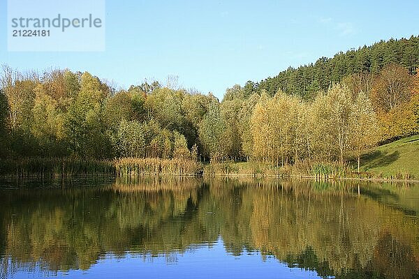 Blick auf den Gültlinger See. Der Herbstwald spiegelt sich im See