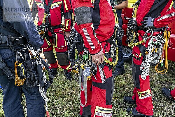 Equipment of the height rescuers of the Gelsenkirchen fire brigade  practising abseiling from a wind turbine from a height of 110 metres after rescuing an accident victim from the nacelle  Gladbeck  North Rhine-Westphalia  Germany  Europe