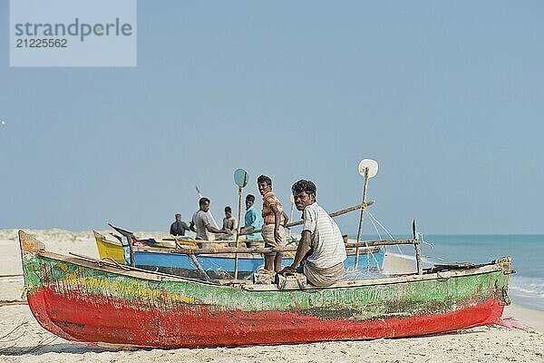 Fishermen  fishing boats  beach at Adam's Bridge  Rameswaram Island  near Rameshwaram or Ramesvaram  Tamil Nadu  South India