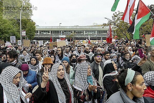 Participants in front of the Kottbusser Tor underground station at the pro-Palestinian demonstration in Berlin  Germany  6.10.2024: Pro-Palestinian demonstrators protest at Kottbusser Tor in Berlin-Kreuzberg under the slogan Demo against genocide in Gaza on the anniversary of the attack on Israel by the radical Islamist Hamas on 7 October 2023  which killed over 1  000 people and kidnapped hundreds in the Gaza Strip and has been at war with Israel ever since. Berlin  Europe