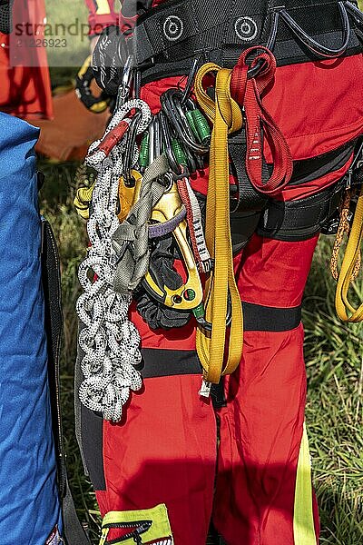 Equipment of the height rescuers of the Gelsenkirchen fire brigade  practising abseiling from a wind turbine from a height of 110 metres after rescuing an accident victim from the nacelle  Gladbeck  North Rhine-Westphalia  Germany  Europe