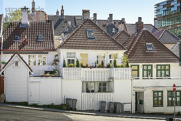 Bergen  Norway  May 2015: Typical white wooden houses in the city of Bergen  Norway  residential district  Europe