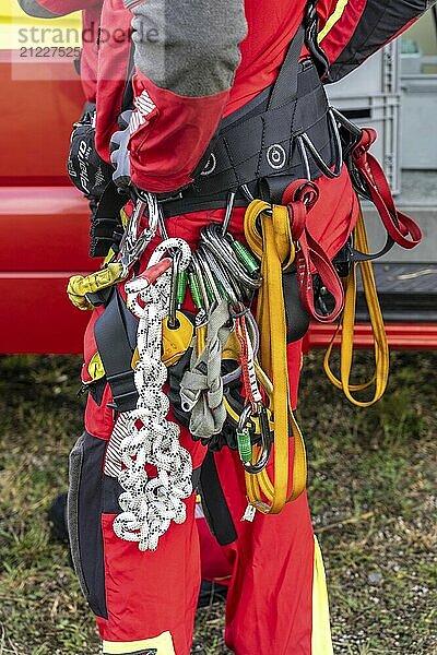 Equipment of the height rescuers of the Gelsenkirchen fire brigade  practising abseiling from a wind turbine from a height of 110 metres after rescuing an accident victim from the nacelle  Gladbeck  North Rhine-Westphalia  Germany  Europe