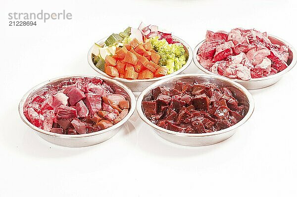 Barf: raw meat and offal  various types  with vegetables and fruit  ready prepared  cut and pureed