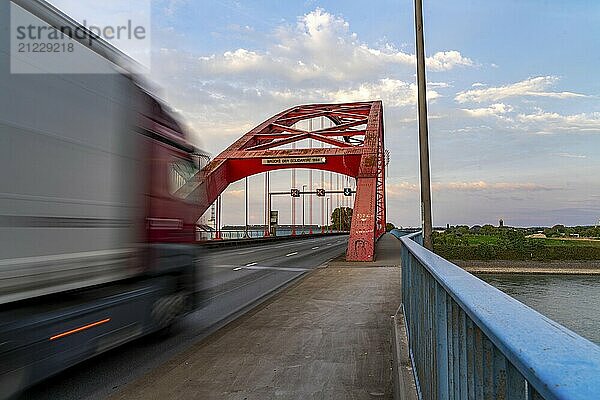 The Bridge of Solidarity  the longest tied-arch bridge in Germany  over the Rhine from Duisburg-Hochfeld to DU-Rheinhausen  the road bridge is dilapidated and has to be rebuilt  many thousands of lorries from the Logport port and cars use the bridge every day  new construction by 2040  Duisburg  North Rhine-Westphalia  Germany  Europe