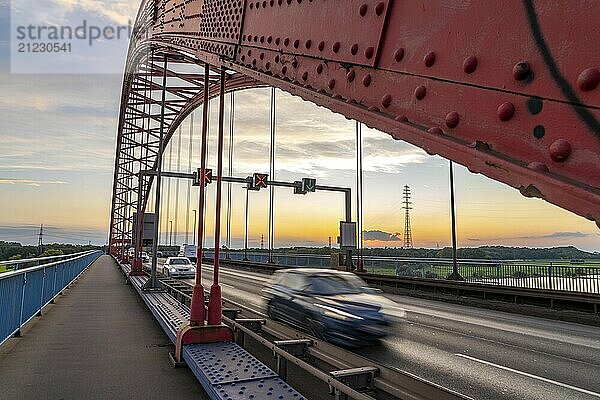 The Bridge of Solidarity  the longest tied-arch bridge in Germany  over the Rhine from Duisburg-Hochfeld to DU-Rheinhausen  the road bridge is dilapidated and has to be rebuilt  many thousands of lorries from the Logport port and cars use the bridge every day  new construction by 2040  Duisburg  North Rhine-Westphalia  Germany  Europe