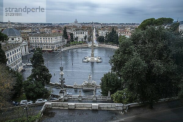 Morning view in rainy weather over a historic  beautiful city. Panoramic view and skyline from the Terrazza del Pincio over Rome  Italy  Europe