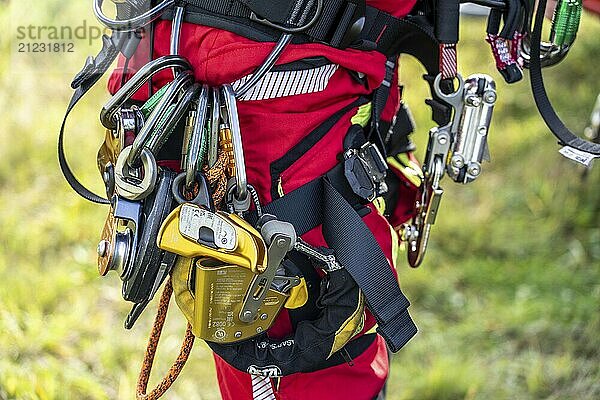 Equipment of the height rescuers of the Gelsenkirchen fire brigade  practising abseiling from a wind turbine from a height of 110 metres after rescuing an accident victim from the nacelle  Gladbeck  North Rhine-Westphalia  Germany  Europe