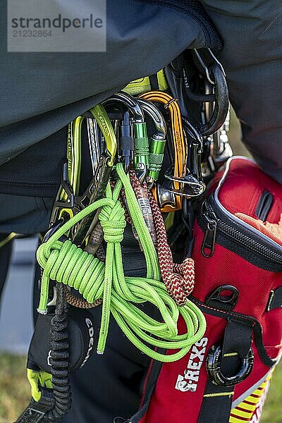 Equipment of the height rescuers of the Gelsenkirchen fire brigade  practising abseiling from a wind turbine from a height of 110 metres after rescuing an accident victim from the nacelle  Gladbeck  North Rhine-Westphalia  Germany  Europe