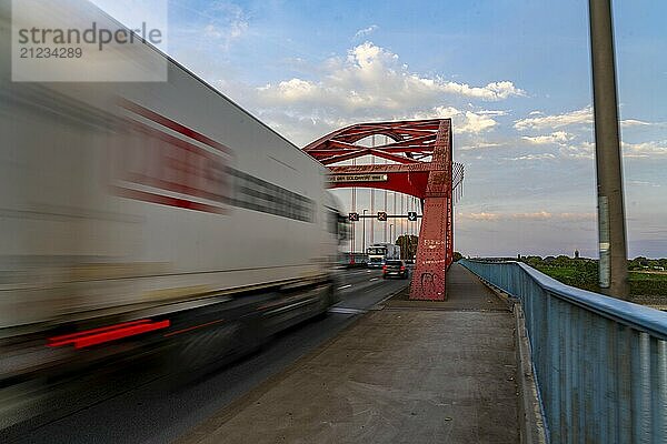 The Bridge of Solidarity  the longest tied-arch bridge in Germany  over the Rhine from Duisburg-Hochfeld to DU-Rheinhausen  the road bridge is dilapidated and has to be rebuilt  many thousands of lorries from the Logport port and cars use the bridge every day  new construction by 2040  Duisburg  North Rhine-Westphalia  Germany  Europe