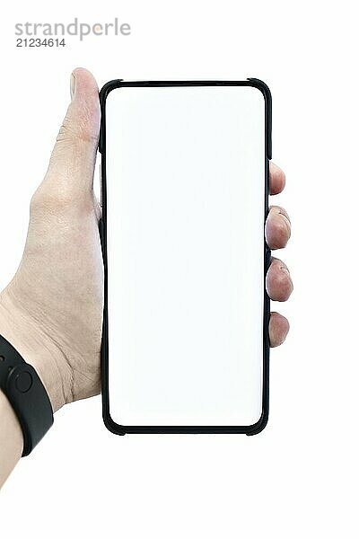 Mobile smartphone with a white display with a white background and copy space. People are showing cell phones