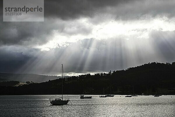 Blick auf die Landschaft von Port Huon bei Sonnenuntergang an einem kühlen Sommertag auf der Southern Peninsula im Huon Valley  Tasmanien  Australien  Ozeanien