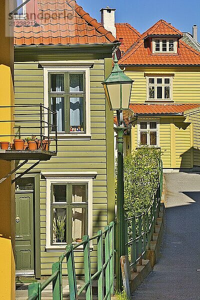 Bergen  Norway  May 2015: Wooden houses and architecture of the norwegian city of gamle Bergen  Europe