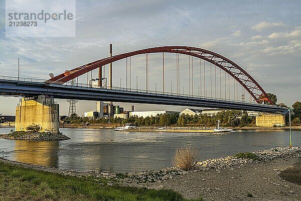 The Bridge of Solidarity  the longest tied-arch bridge in Germany  over the Rhine from Duisburg-Hochfeld to DU-Rheinhausen  the road bridge is dilapidated and has to be rebuilt  many thousands of lorries from the Logport port and cars use the bridge every day  new construction by 2040  Duisburg  North Rhine-Westphalia  Germany  Europe