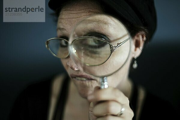 Woman with magnifying glass  grimace