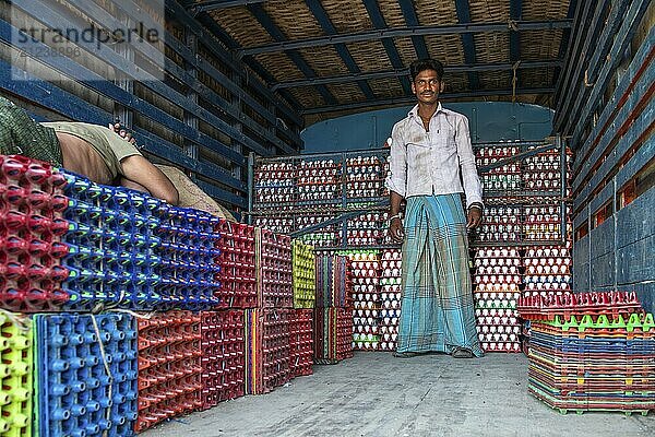 Man  egg seller  lorry with egg cartons  Rameswaram or Rameshwaram  Pamban Island  Tamil Nadu  India  Asia