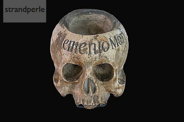 Holy water vessel in the shape of a skull  marble  17th century  on a black background  Hällisch-Fränkisches Museum  Baden-Württemberg  Germany  Europe