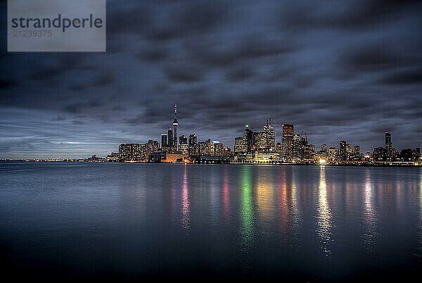 Night Shot Toronto City in Ontario Canada Lake reflection