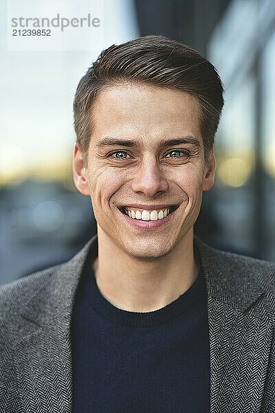 Trendy handsome happy man stay at street in gray coat and blue sweater