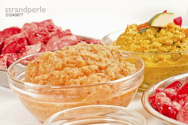 Barf: raw meat and offal  various types  with vegetables and fruit  ready prepared  cut and pureed