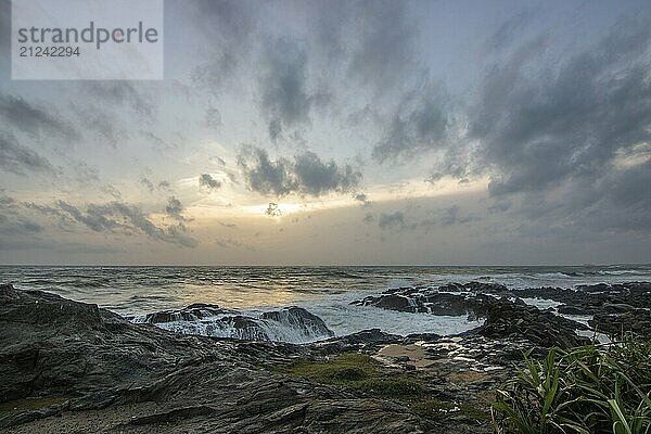 Strand  mit Lavafelsen und Vegetation  Blick auf das Meer am Abend bei Sonnenuntergang. Landschaft mit Wolken in Induruwa  Bentota Beach  Sri Lanka  Indien  Asien