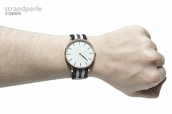 Man looking his watch isolated on white background. Time concept