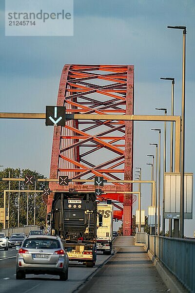 The Bridge of Solidarity  the longest tied-arch bridge in Germany  over the Rhine from Duisburg-Hochfeld to DU-Rheinhausen  the road bridge is dilapidated and has to be rebuilt  many thousands of lorries from the Logport port and cars use the bridge every day  new construction by 2040  Duisburg  North Rhine-Westphalia  Germany  Europe