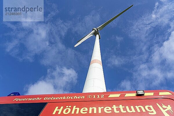 Height rescuers from the Gelsenkirchen fire brigade practise abseiling from a wind turbine from a height of 110 metres after rescuing an accident victim from the nacelle  Gladbeck  North Rhine-Westphalia  Germany  Europe