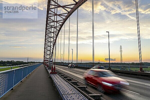 The Bridge of Solidarity  the longest tied-arch bridge in Germany  over the Rhine from Duisburg-Hochfeld to DU-Rheinhausen  the road bridge is dilapidated and has to be rebuilt  many thousands of lorries from the Logport port and cars use the bridge every day  new construction by 2040  Duisburg  North Rhine-Westphalia  Germany  Europe