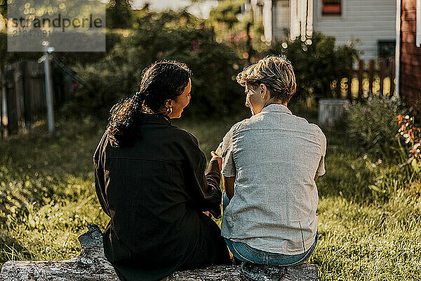 Rear view of female friends discussing while sitting on log in back yard at sunny day