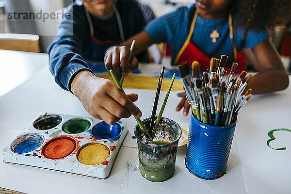 Arts and craft equipment kept on desk in art class at school