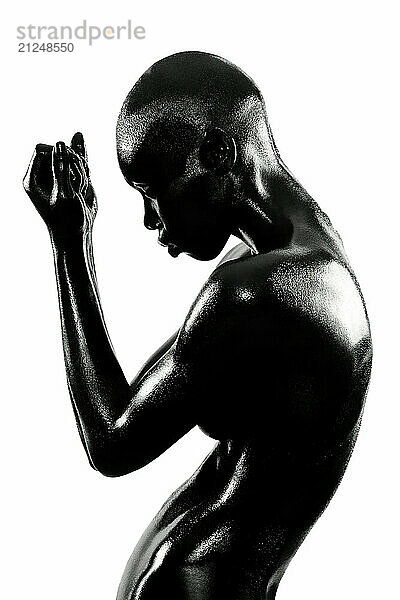 Silhouette of a muscular black woman with hands gently clasped together against a white background.