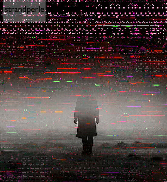 Concept illustration of disappearing man standing in computer screen glitch pattern