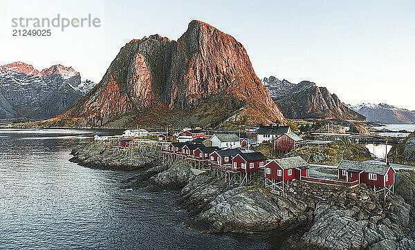 Scenic view of the traditional fishing village of Hamnoy in the Lofoten Islands  Norway at dawn.