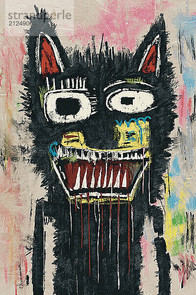 Colorful painting of a stylized black cat showing sharp teeth and a wild ferocious expression.