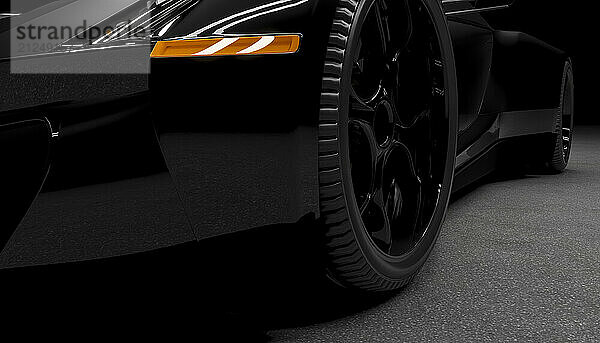 Close-up of a black luxury sports car on the road in a dark setting  3D rendering.