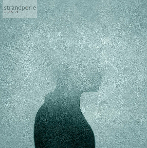 Silhouette of a disappearing woman's profile blending into a misty background