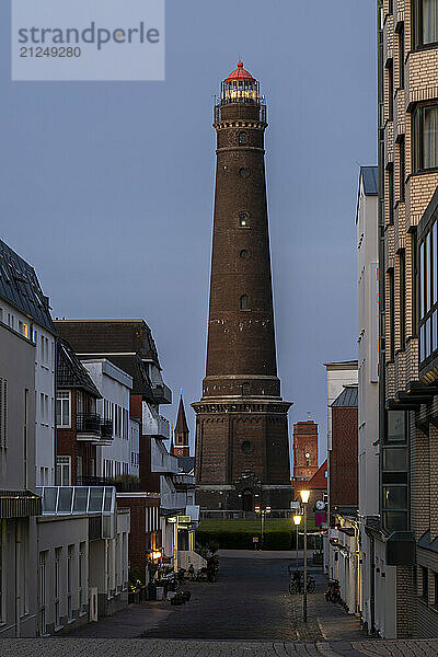 New lighthouse on the Island of Borkum  Lower Saxony  Germany at nightfall.